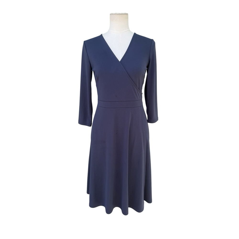 Sigrid Olsen Dress 8 Navy Blue Faux Wrap 3/4 Sleeve A-Line Career Midi